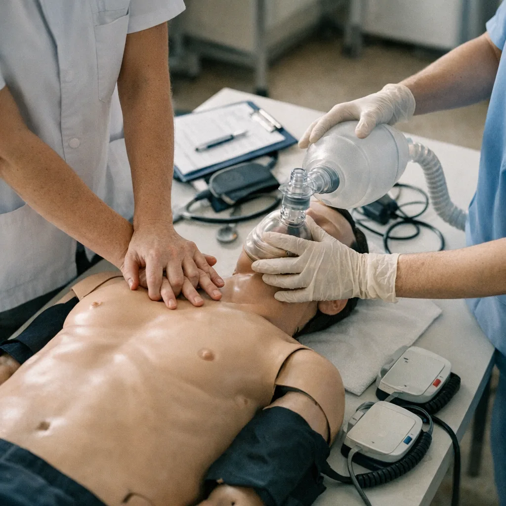 Professionnels paramédicaux en formation aux gestes d’urgence sur un mannequin de simulation, sans visage identifiable.