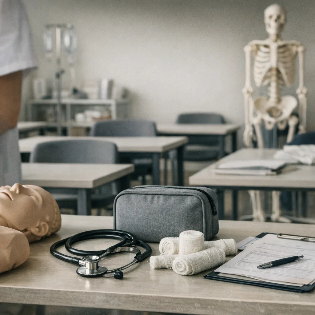 Salle de formation paramédicale vide avec matériel de simulation et équipement pédagogique de santé.