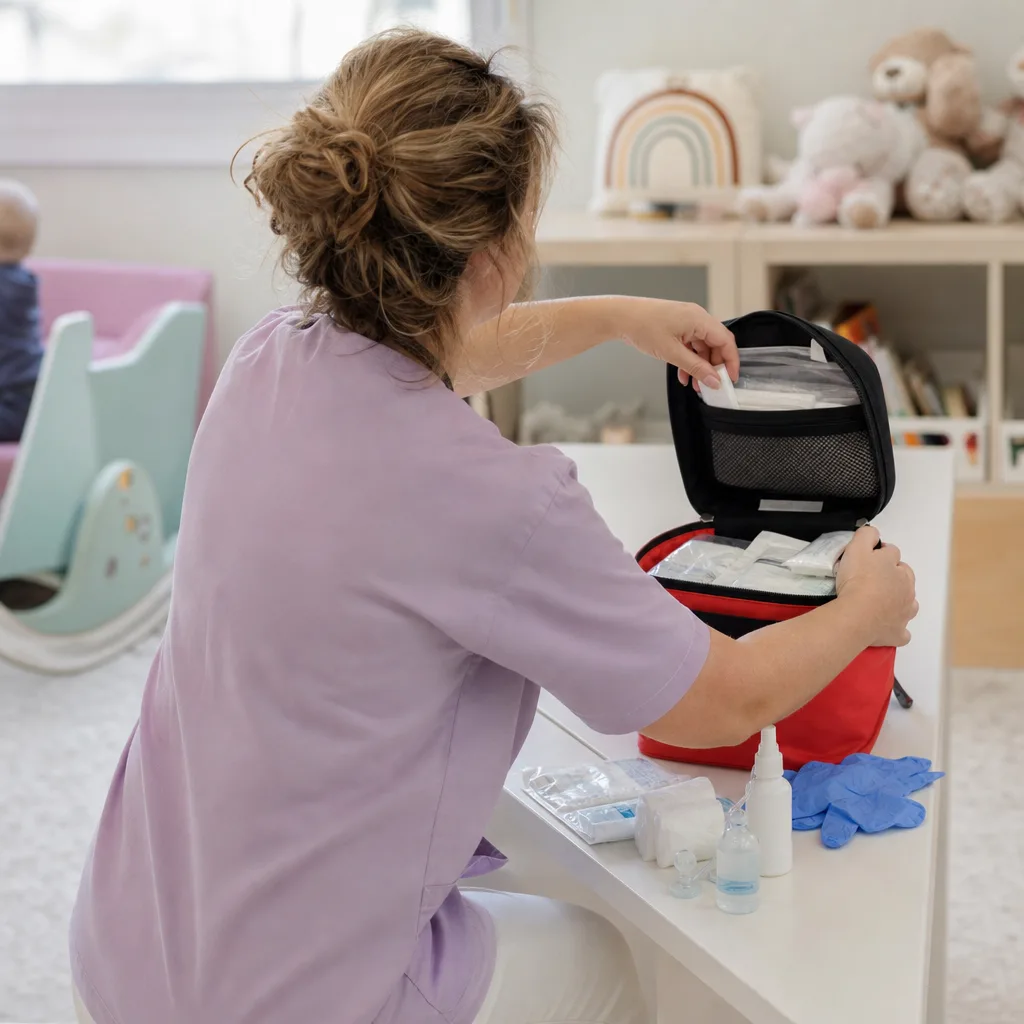 Professionnelle de crèche vérifiant une trousse de secours hors de portée des enfants