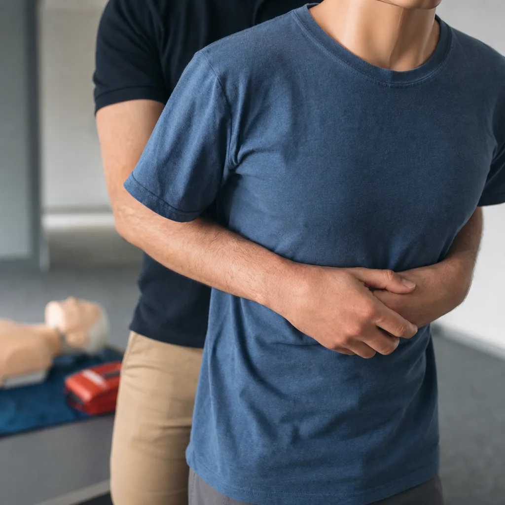 Démonstration de la manœuvre de Heimlich lors d’une formation aux premiers secours, cadrée sur les gestes sans visage reconnaissable.