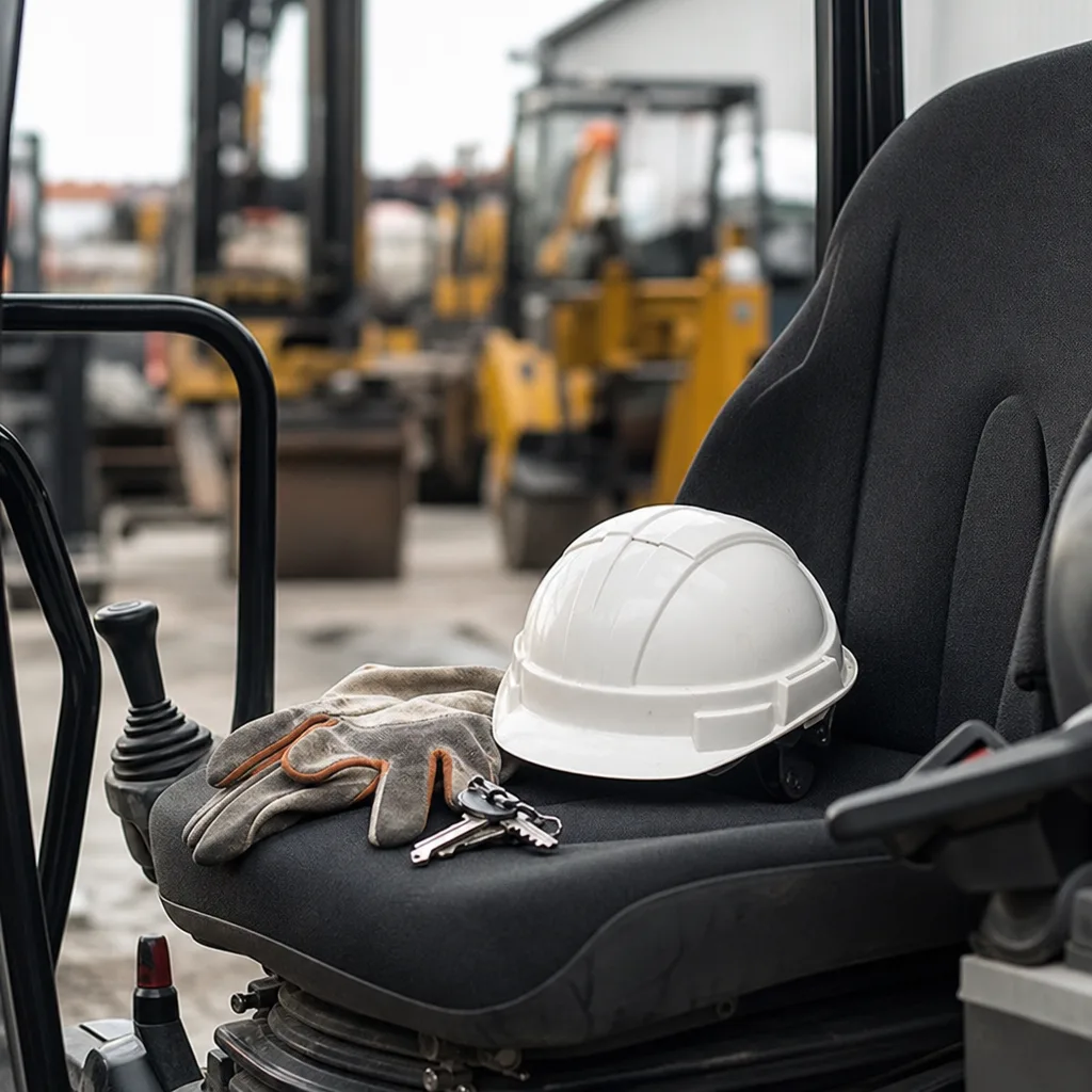 Gros plan sur un casque, des clés et des équipements de sécurité posés sur le siège d’un engin, sans personne.