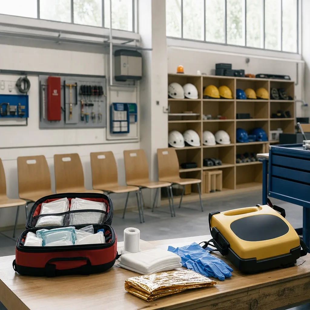 Salle de formation aux premiers secours avec matériel d’urgence disposé sur une table, sans personne.