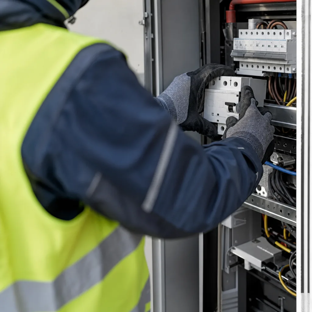 Technicien habilité intervenant avec des gants isolants sur une armoire électrique sécurisée, visage hors champ.