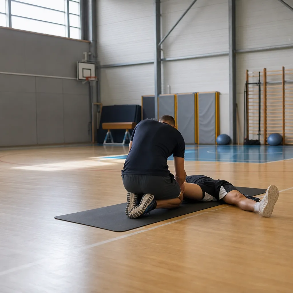 Entraîneur sportif portant assistance à un pratiquant sur un terrain indoor, scène de premiers secours sans visage identifiable.