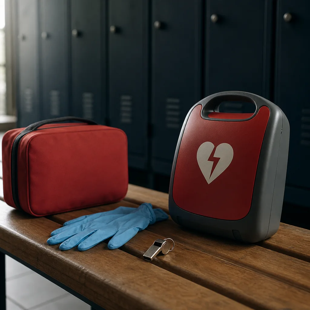 Matériel de premiers secours posé sur un banc de vestiaire sportif, sans personne.